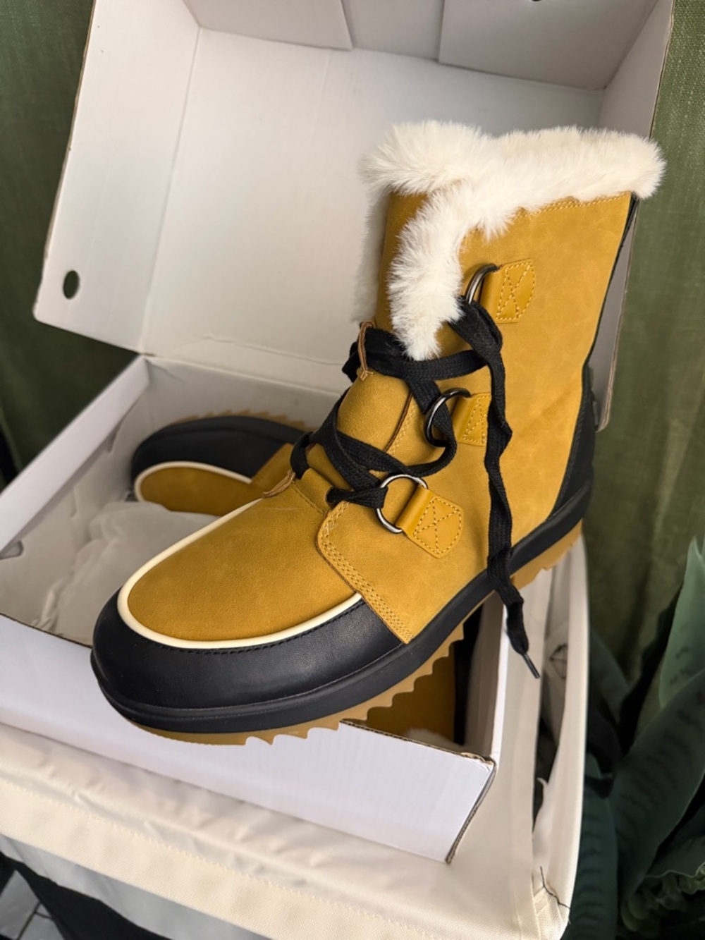 Women's Mustard Lace-Up Faux-Fur Winter Boot with Black Trim